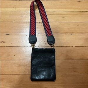 Clare V Black Leather Messenger Bag with Red Checkered cell size o small purse